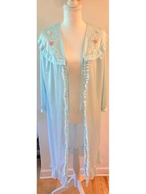 Vintage Light Blue Long Sleeve Embroidered Robe with Ruffle Trim